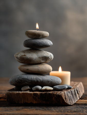 Stacked pebbles and candlelight on wood create calmness, inviting mindfulness and daily rituals for enhanced well-being.の素材