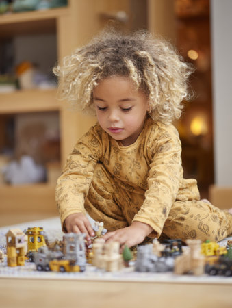 A child explores a variety of inclusive toys and cultural role play sets, showcasing creativity and imagination during playtime in a cozy room.の素材