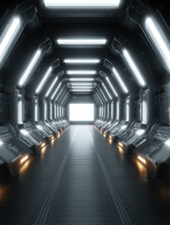 A sci-fi corridor featuring an LED sign mockup illuminated by fluorescent lights, creating an ambient atmosphere suitable for text display.の素材