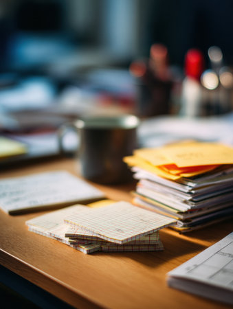 Flashcards are neatly arranged on a wooden desk, with blurred study materials and stationery in the background.の素材