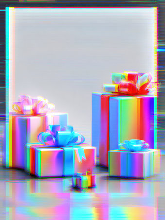 Colorful wrapped gifts are showcased amidst a glitched background, aiming to attract attention with a promise of free gifts and enticing visualsの素材