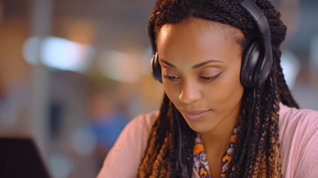 Student engaged in study activity with headphones on, concentrating on a tablet in a lively atmosphere, highlighting dedication and focus on learning.の素材