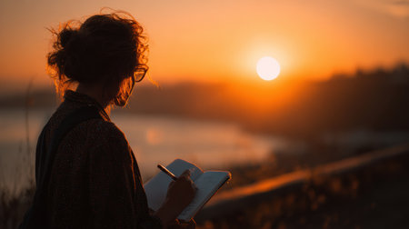 At sunrise, a student sits pensively with a journal, capturing thoughts as warm sunlight bathes the landscape in a peaceful glow.の素材