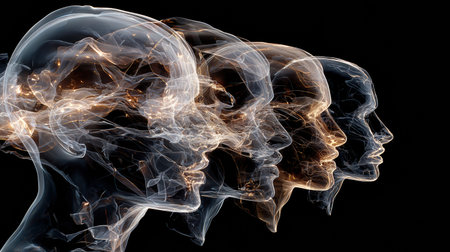 Transparent human heads reveal a progressive evolution, moving forward in layers, creating a captivating visual effect with a dynamic composition.の素材