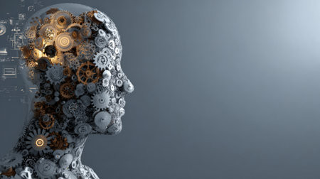 Detailed representation of a human head filled with gears and digital HUD elements, showing the blend of technology and human intelligence in a clean layout.の素材