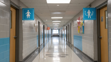 Bright and clean school hallway features gender-inclusive restroom signs, creating an open and inviting space for all students and staff.の素材