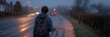 A student walks home after completing an exam as the moody lighting casts a reflective glow on the wet road. The path ahead is clear and open.の素材