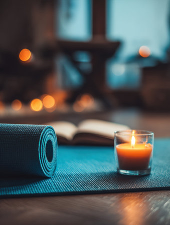 A student engages in meditation before studying, surrounded by a serene atmosphere with a yoga mat and a softly glowing candle.の素材