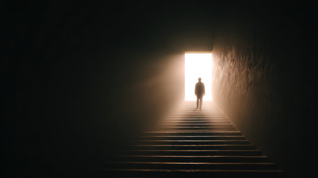A person ascends a staircase leading toward a brightly lit doorway, symbolizing personal growth and exploration in a quiet, contemplative atmosphere.の素材