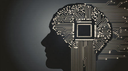 Silhouette of a human brain with a microchip illustration highlights the intersection of technology and neuroscience in a futuristic setting.の素材