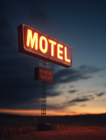 Illuminated signage marks a retro motel against a dusky backdrop, highlighting a tranquil moment as day transitions into night in a serene location.の素材