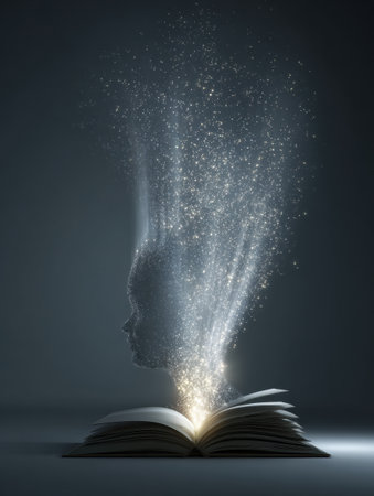 A surreal scene shows a floating book emitting light beams into a head, surrounded by particles that symbolize thoughts and knowledge in a dim space.の素材