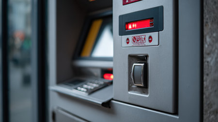 ATM machine shows red warning symbols indicating the presence of a skimming device, advising users about potential security threats at the location.の素材