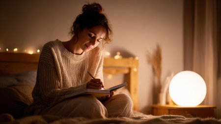 Young woman sits comfortably in a cozy room, journaling under a warm lamp light, engaging in self-reflection and personal creativity in the evening.の素材