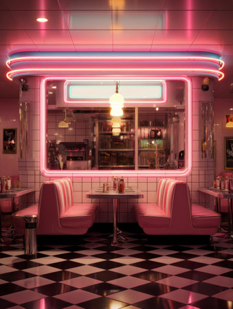 Cozy retro diner with glowing pink tones from lightbox sign illuminating booths and tables, showcasing a vibrant ambiance for customers at dinner timeの素材