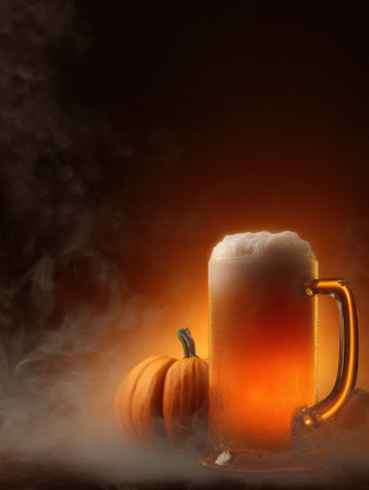 A chilling scene featuring a beer mug filled with frothy beverage, accompanied by a glowing pumpkin and mysterious fog, perfect for Halloween celebrations.の素材