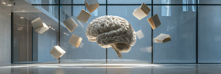 Books hover in mid-air, intricately arranged to resemble a brain, set against a serene and spacious backdrop with gentle lighting.の素材