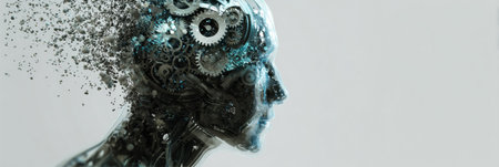 A holographic head model displays gears turning inside, reflecting complex mechanics and a futuristic design against a clean backdrop.の素材