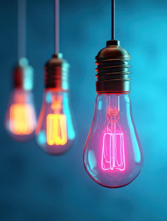 Bright neon space features several floating light bulbs, with one prominently glowing in the foreground, creating an enchanting visual atmosphere.の素材