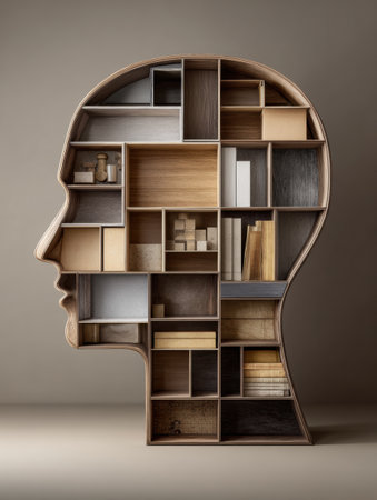 Wooden head-shaped shelving units showcase various compartments filled with items representing ideas and logic, leaving the top area open for creativity.の素材