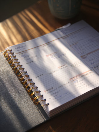 A school planner is open to a detailed weekly schedule, surrounded by gentle shadows and placed on a wooden surface, indicating preparation for upcoming tasks.の素材