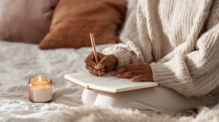 A young adult engages in journaling goals by the warm glow of candlelight, surrounded by soft tones and a tidy, cozy atmosphere in the evening.の素材