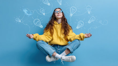 A young individual sits cross-legged in a meditative position, effortlessly floating above the ground, with vibrant light bulb ideas emanating around them.の素材