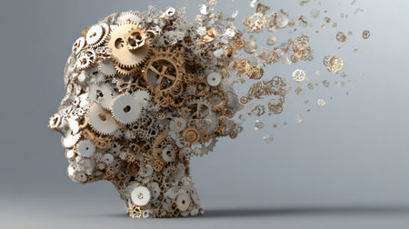 A human head design with spinning clock gears, symbolizing the blend of intellect and imagination in an infinite space.の素材