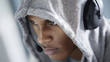 Individual engaged in tech support call center activity showing focused expression while wearing headphones and a hoodie in a faded background settingの素材
