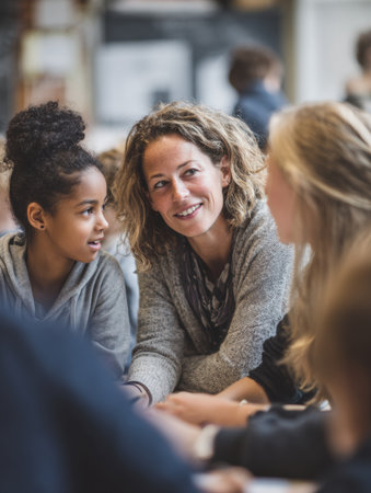 Older and younger students engage in meaningful discussions and learning during a peer mentoring session highlighting cultural diversity and connection.の素材