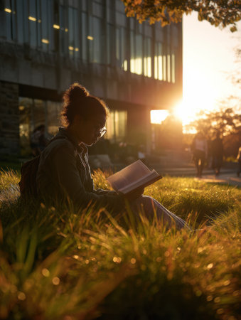 A student sits peacefully in the grass, engrossed in a book while being illuminated by soft golden sunlight during a late afternoon near a university.の素材