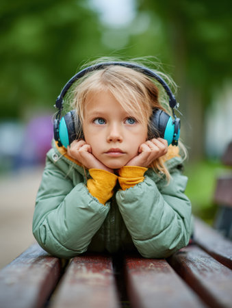 A girl sits on a park bench, attentively listening to an educational podcast through headphones, surrounded by blurred trees and sunlight.の素材
