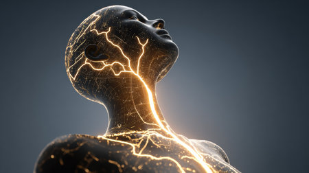 A silhouette stands upward, revealing a glowing roadmap of life within, symbolizing potential and aspirations in a boundless space.の素材