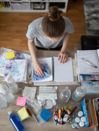 Teen carefully declutters study desk to create an organized space, focusing on assignments and materials needed for upcoming studies, surrounded by suppliesの素材