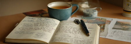 A journal opened to a page titled Things I Learned Today, accompanied by a cup of tea, a pen, and scattered notes, creating a reflective atmosphere.の素材