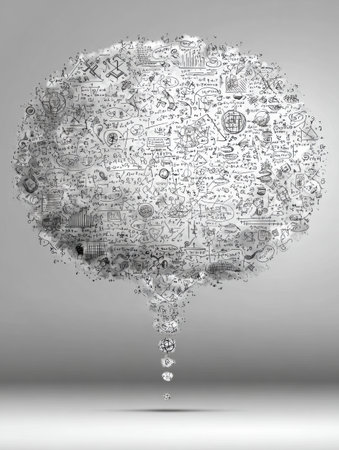 A thought bubble filled with intricate mathematical formulas dominates the top third of the space, symbolizing a world of ideas and calculations in grayscale.の素材
