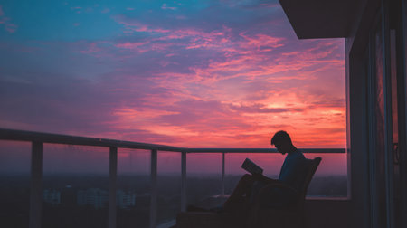 A student sits peacefully on a balcony reading a motivational book as the sun rises and fills the sky with vibrant colors, creating a serene atmosphere.の素材