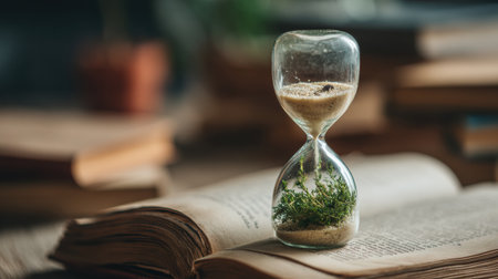 An hourglass stands on a book, filled with sand and seeds, illustrating the passage of time and the importance of growth and knowledge in personal development.の素材