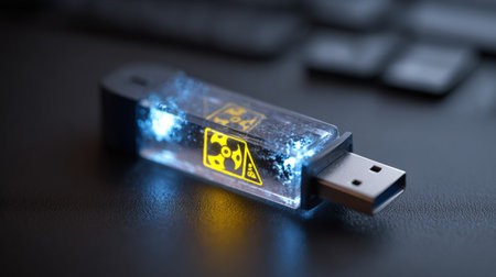A glowing USB drive labeled as malware is connected to a computer with the top zone open, showing potential cybersecurity threats in real time.の素材