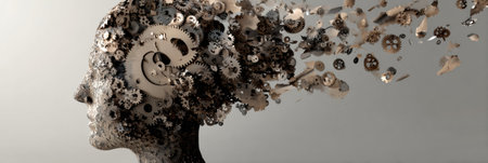 Head filled with intricate clock gears spins inside, illustrating the complexity of human thoughts while fragments scatter into the open background.の素材