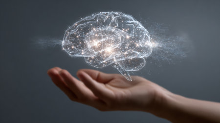 A luminous AI brain hovers gracefully above an outstretched hand, with a sleek gradient background gradually fading towards the right side.の素材