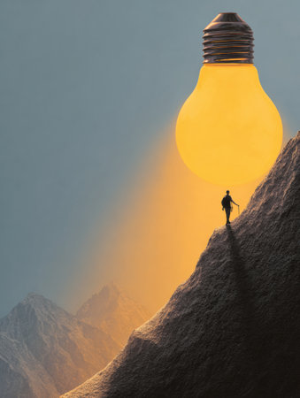 A climber navigates a steep mountain path, guided by a giant light bulb shining brightly above, showcasing focus and ambition in the early morning light.の素材