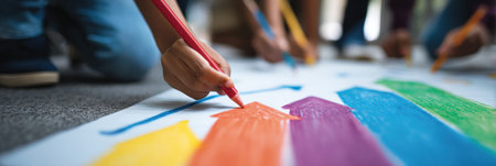 Youth engaged in marking milestones on a progress tracker, using vibrant colors to illustrate an upward trend during a collaborative group activity.の素材
