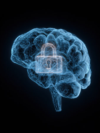 A beautifully rendered wireframe brain encased in a glowing digital lock symbol highlights themes of cybersecurity and intellectual protection in technology.の素材