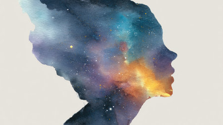 A watercolor depiction features a head profile filled with a vibrant galaxy, while the left side remains blank, symbolizing creativity and potential.の素材