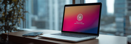 Alert for outdated antivirus software shown on a laptop screen placed on a desk while sunlight filters through a nearby window during the afternoon.の素材