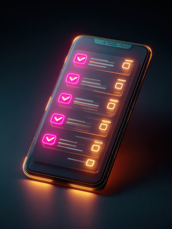 Glowing checklists on a smartphone highlight self-improvement goals in a dark environment, emphasizing organization and productivity tracking at nightの素材