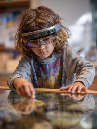 Child engages with augmented reality elements in biology class, examining specimens closely while wearing advanced smart glasses in a bright learning spaceの素材