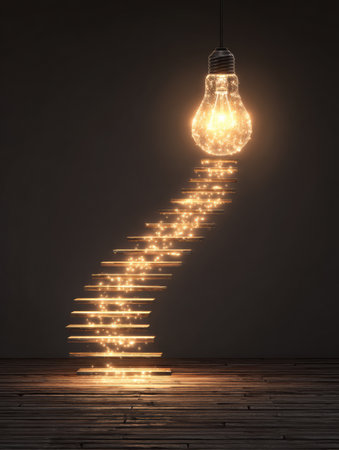A staircase made of shimmering light leads upward, symbolizing a path filled with ideas toward achieving success, illuminated by a glowing light bulb.の素材