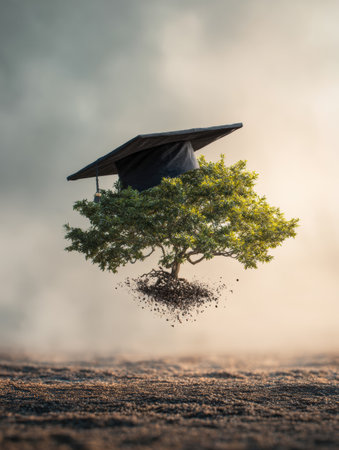 A graduation cap hovers above a vibrant tree, representing growth and achievement at any stage of life, set against a gentle, soft backdrop.の素材